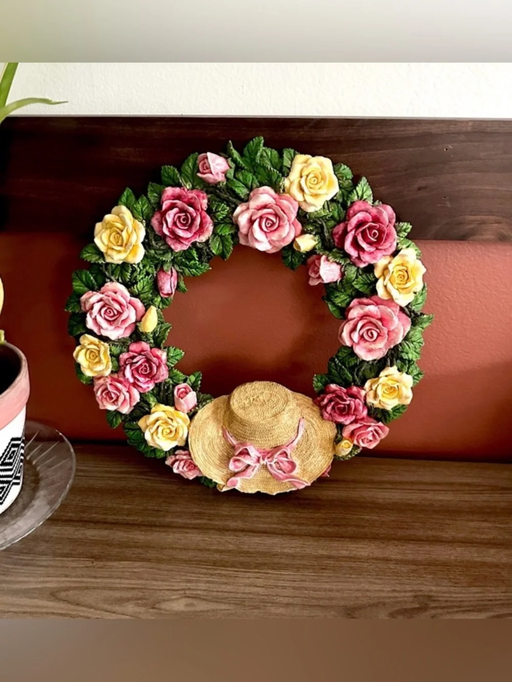 Vintage Roses & Hat Ceramic Wreath Door Hanging Plaster Handpainted Cottage Boho